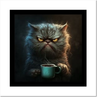 Funny Mean Looking Cat Drinking Coffee, Cat Lover Posters and Art